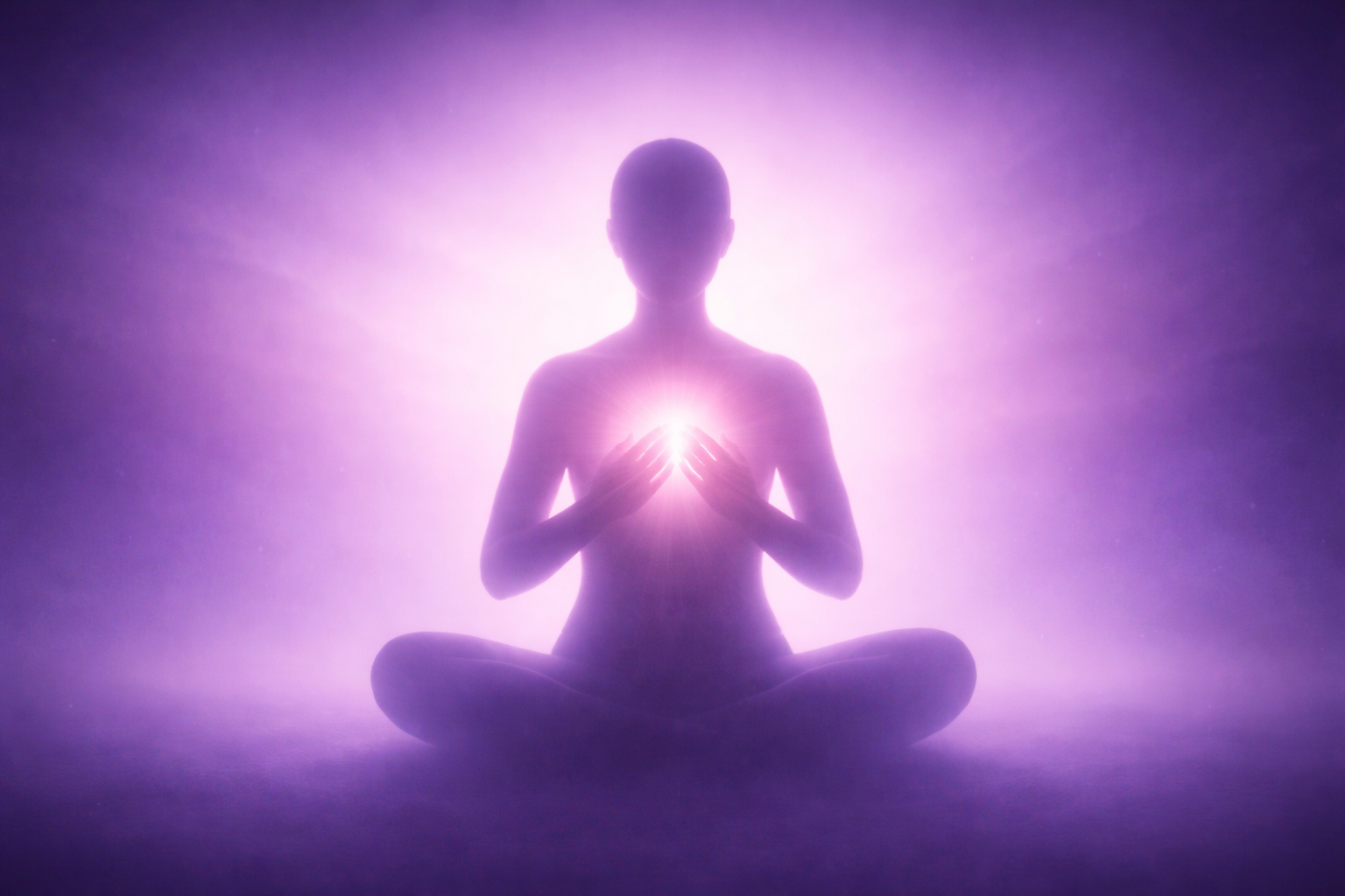 Persona meditando al amanecer con gesto de gratitud, manos en el pecho