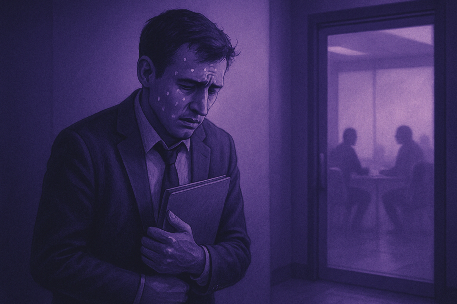 Persona sudando y nerviosa ingresando a una reunión de negocios