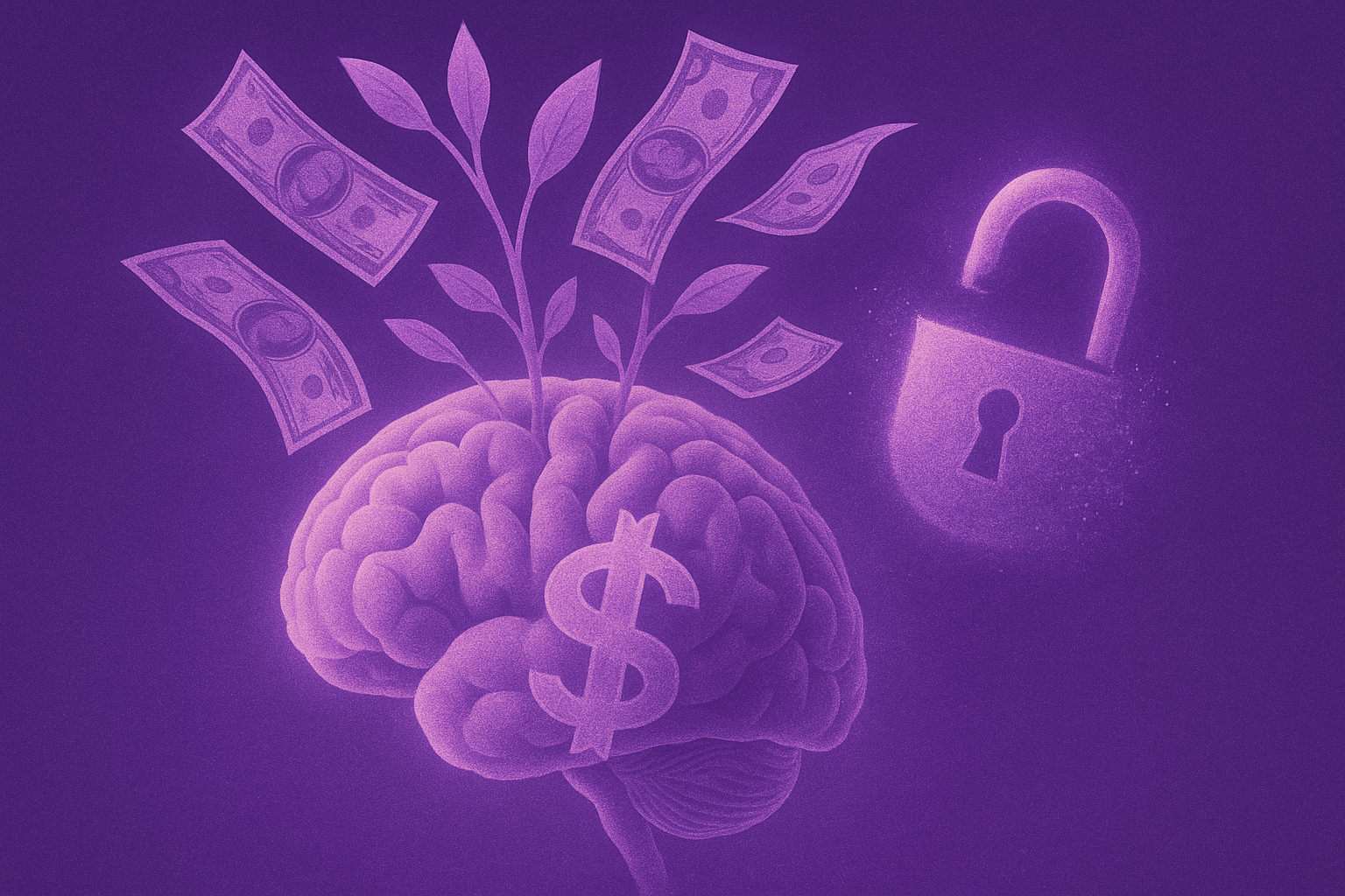 Cerebro luminoso con monedas simbolizando la psicología de la abundancia